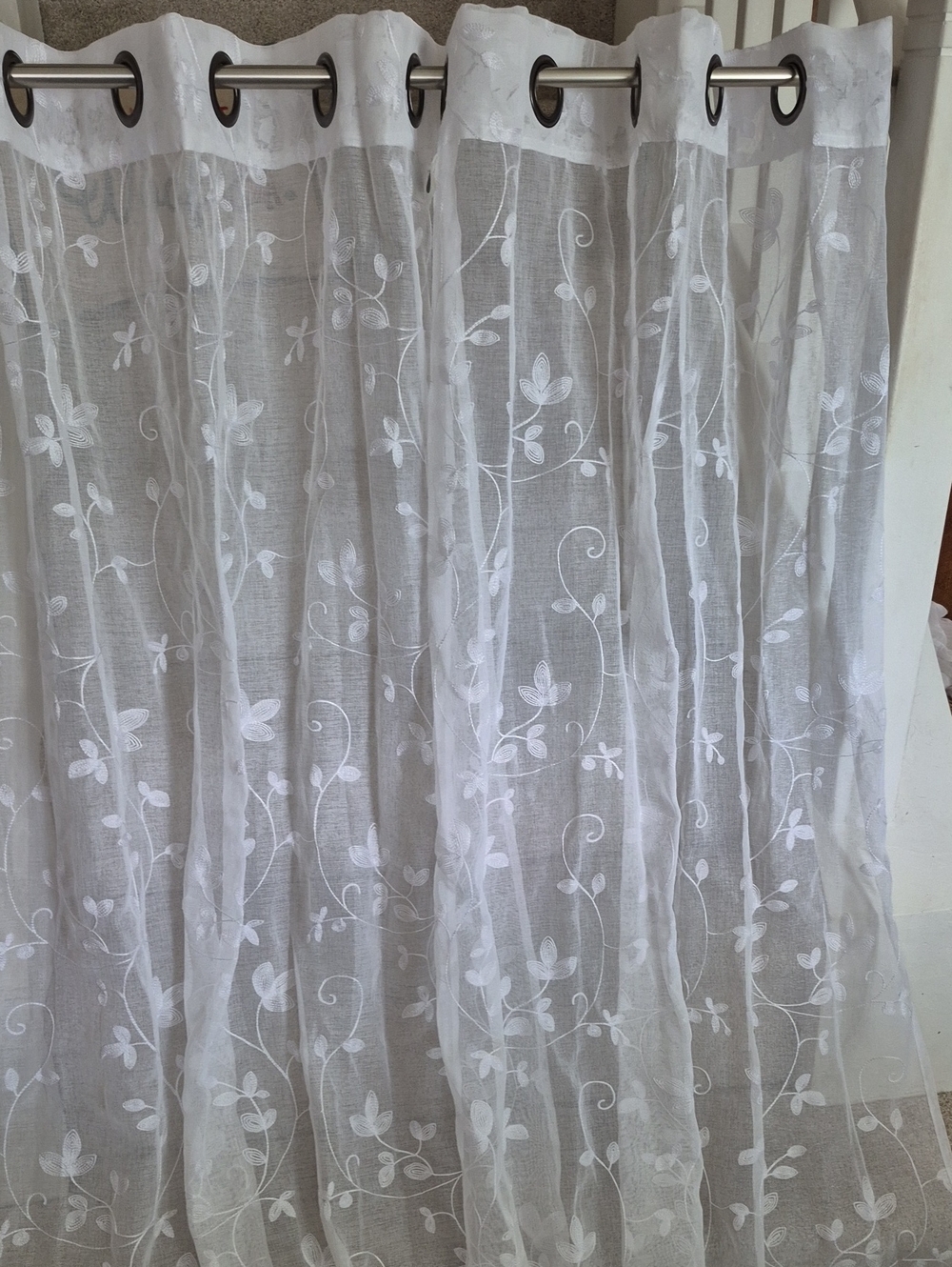 Two Snow White Sheer Floral Embroidered Curtain Panels 38x63 (76x63)